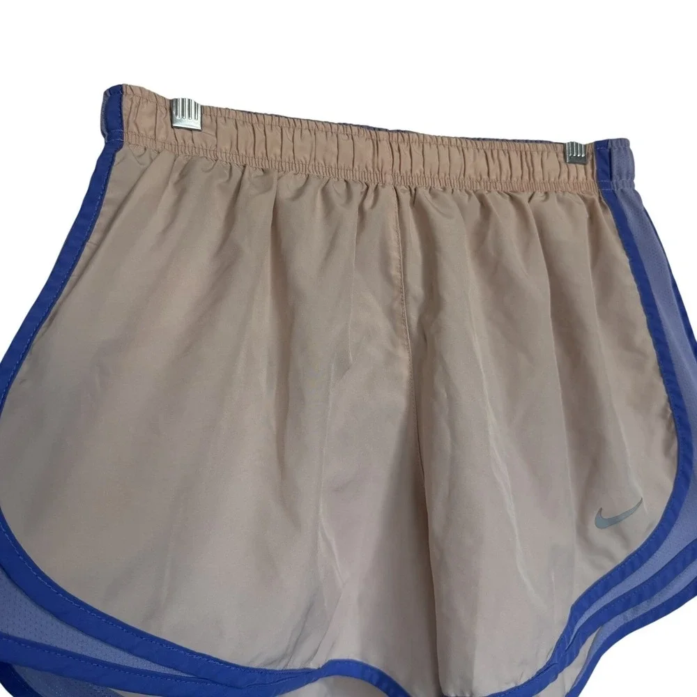 Nike‎ Dri-FIT Tempo Womens Running Shorts Tan Purple Trim Size L 3 Inch Inseam